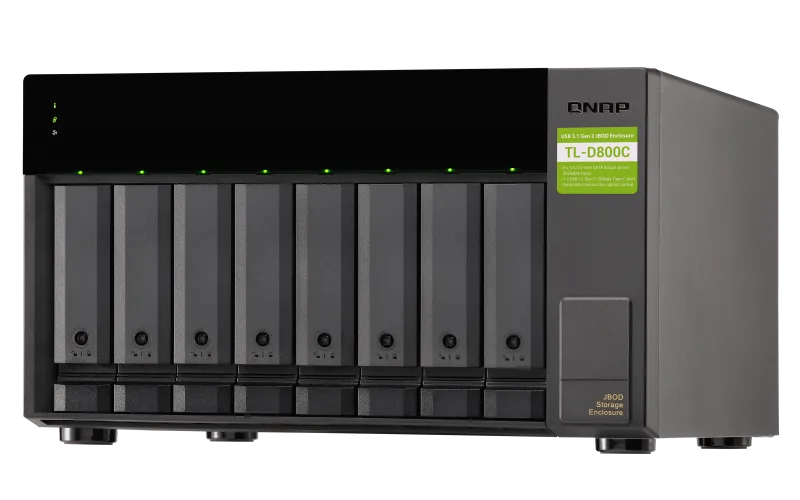QNAP TL-D800C — 8-bay desktop USB-C 3.1 Gen2 10Gbps JBOD expansion unit with a 1-meter USB-C to
