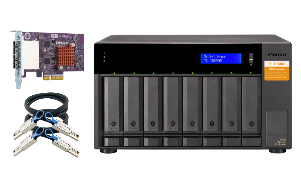 QNAP TL-D800S — 8-bay desktop SATA JBOD expansion unit with a QXP-800eS-A1164 PCIe SATA host car