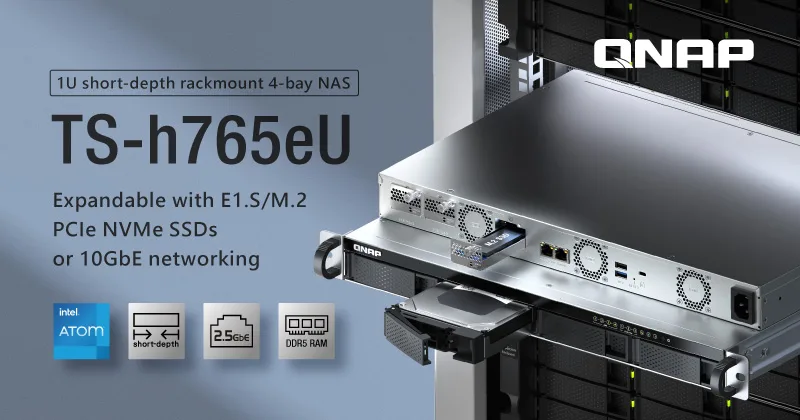 QNAP TS-h765eU-8G — 1U 4-bay 3.5" SATA + 3 x E1.S/PCIe M.2 2280 short depth 12" rackmount NAS, Inte