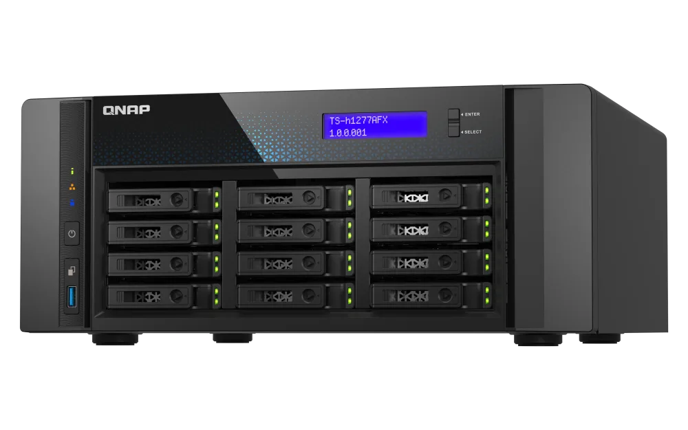 QNAP TVS-h1277AX-R5-16G — 12-Bay QuTS hero NAS (8 x 3.5" SATA + 4 x U.2 NVMe slots)